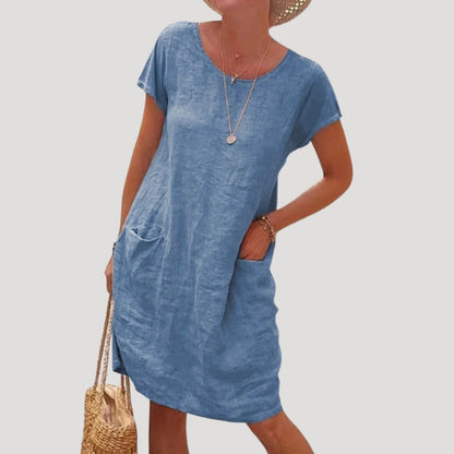 Casual linen short-sleeve midi dress for women | Linesse -4