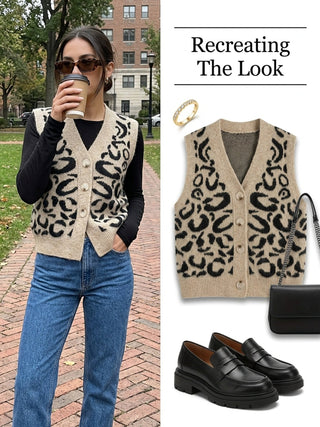 Selvara | Women's Patterned V Neck Button Front Vest