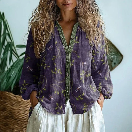 Vintage leaf print relaxed blouse for women | Ambre -1