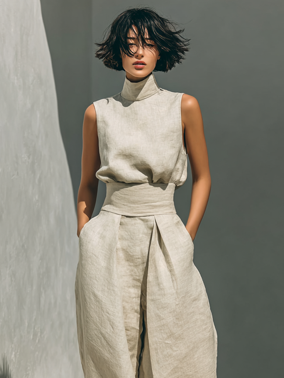 Minimalist sleeveless blouse and wide-leg trouser set for women | Lincord -6