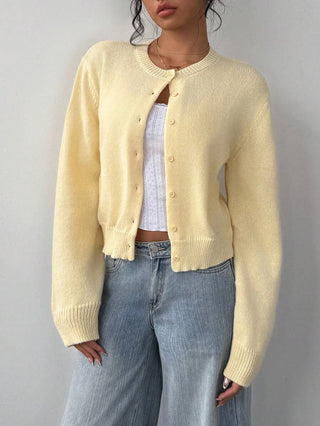 Solenne | Women's Round Neck Button Front Cropped Cardigan
