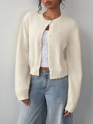 Solenne | Women's Round Neck Button Front Cropped Cardigan