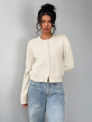 Solenne | Women's Round Neck Button Front Cropped Cardigan