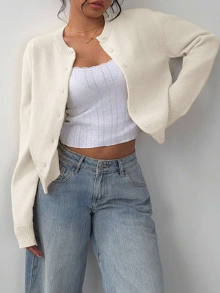 Solenne | Women's Round Neck Button Front Cropped Cardigan