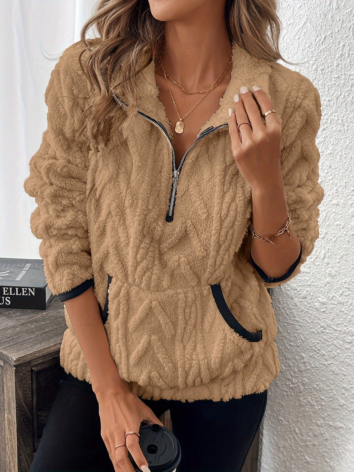 Fuzzy half-zip casual everyday sweatshirt for women | Harper -12