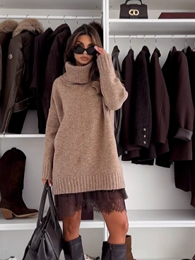 Roll-neck knit mini dress matching set for women | Knitelle -2