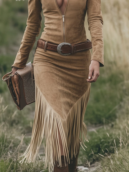 Western-inspired tassel-detail midi dress for women | Calindra -5