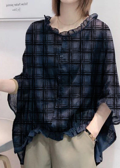 Art Navy Ruffle Trim Half Sleeve Blouse for Women | Mireya