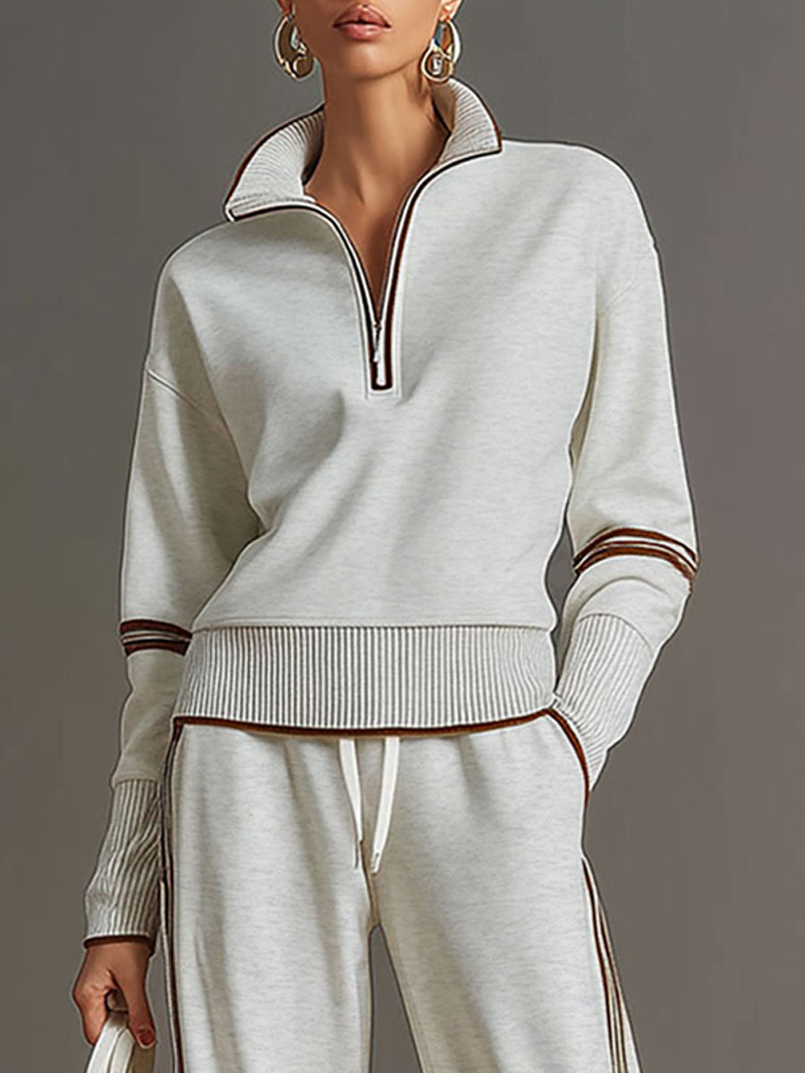 Retro half-zip sweatshirt and wide-leg trousers set for women | Vireon -17