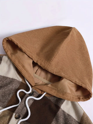 Verdan | Men's Checked Hooded Button Front Overshirt Jacket