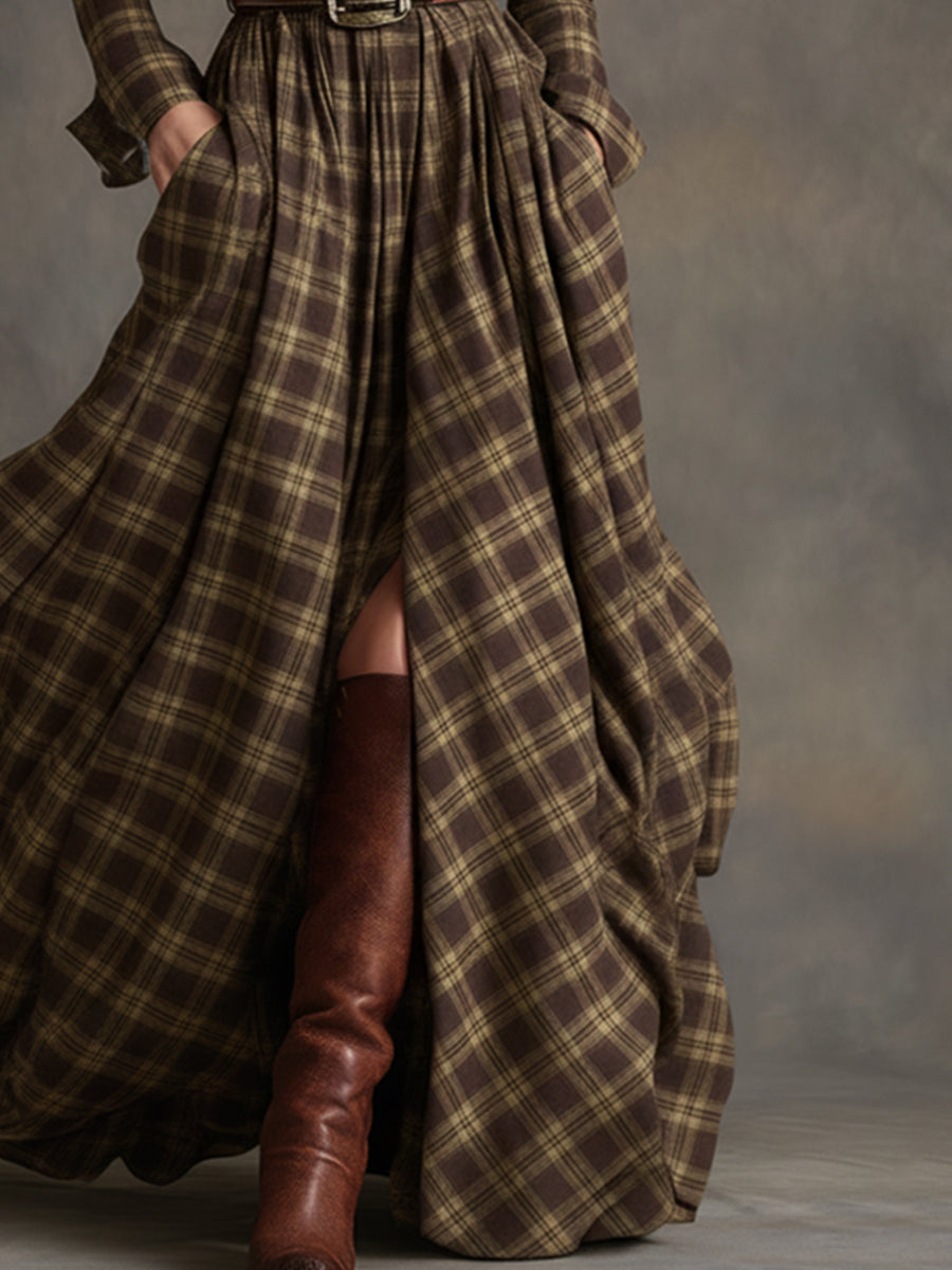Retro plaid lapel-collar belted maxi dress for women | Marzena -15