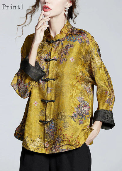 Stand-collar printed long-sleeve elegant coat for women | Mei Lin -4