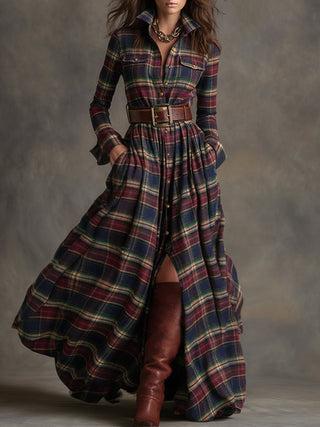 Retro plaid lapel-collar belted maxi dress for women | Marzena -1