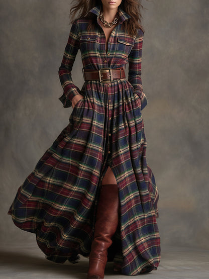 Retro plaid lapel-collar belted maxi dress for women | Marzena -1