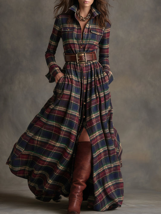 Retro plaid lapel-collar belted maxi dress for women | Marzena -1