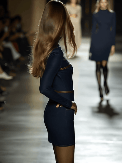 Artistic blue denim mini dress with contrast stitching for Women | Calista