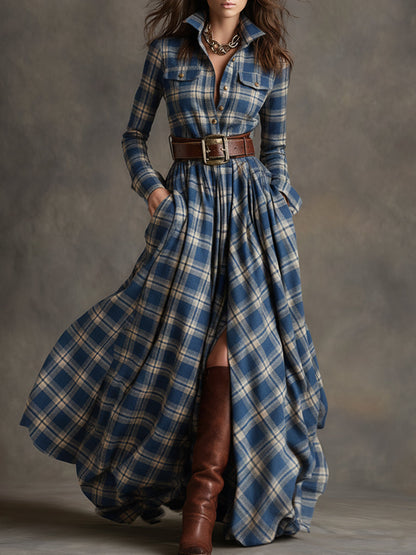 Retro plaid lapel-collar belted maxi dress for women | Marzena -4