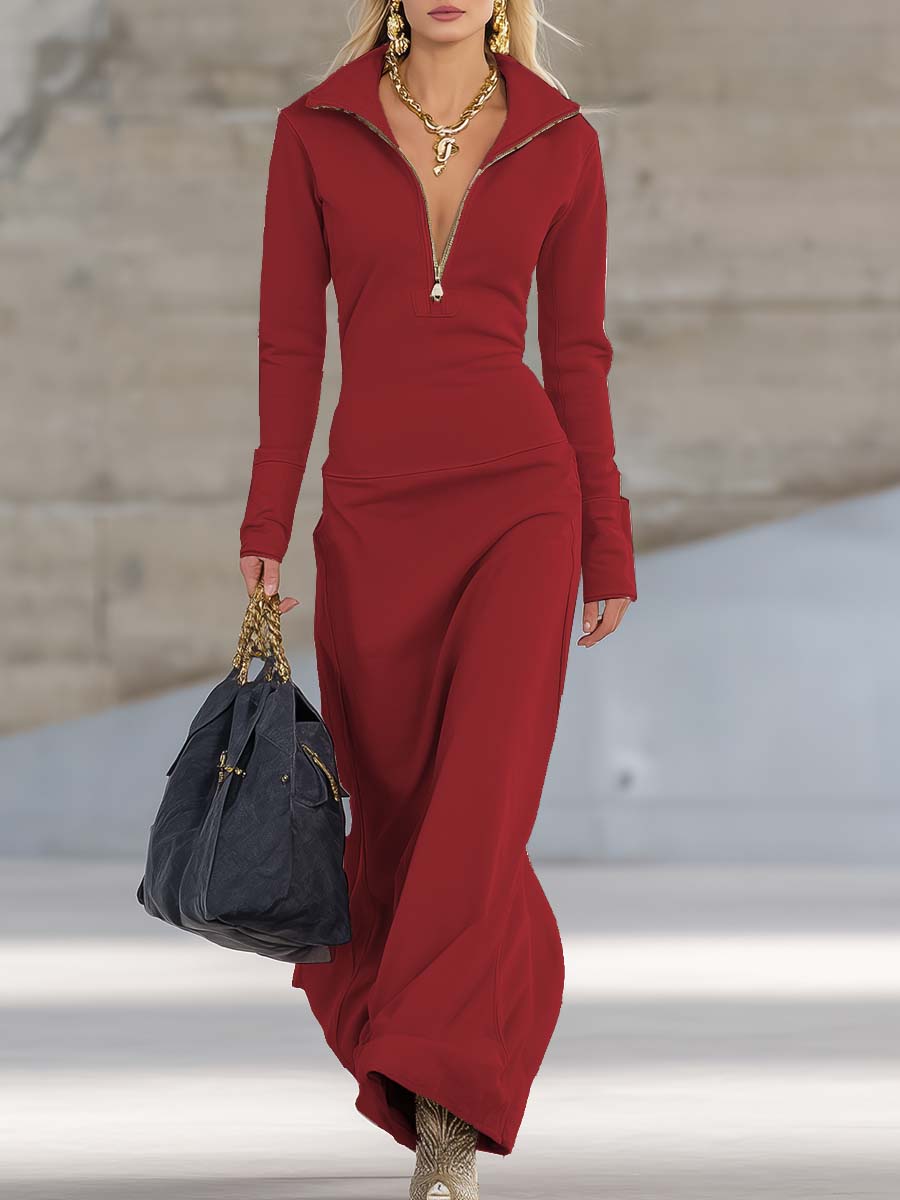 Retro sporty V-neck zip-front maxi dress for women | Rosaline -3