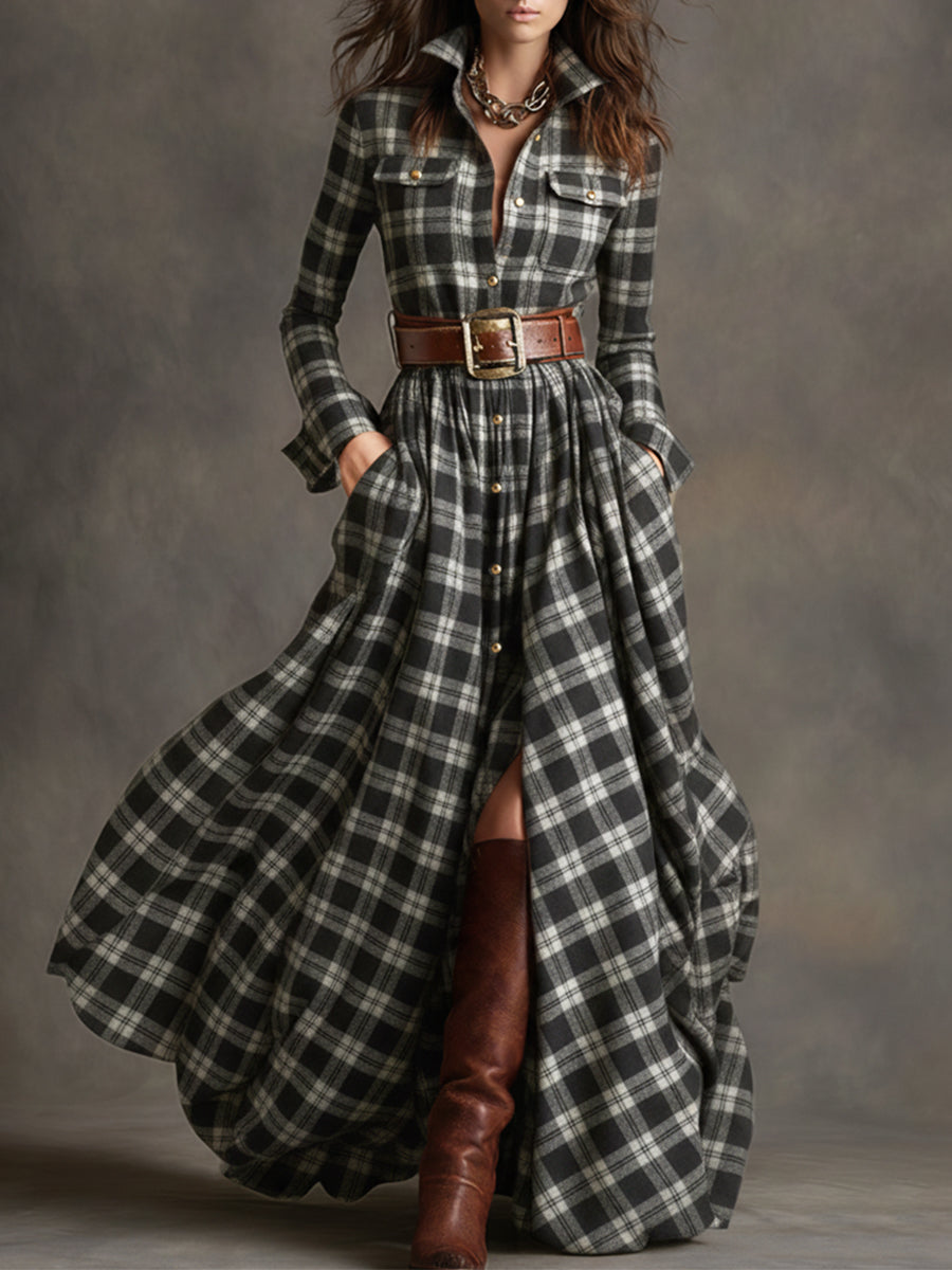 Retro plaid lapel-collar belted maxi dress for women | Marzena -5