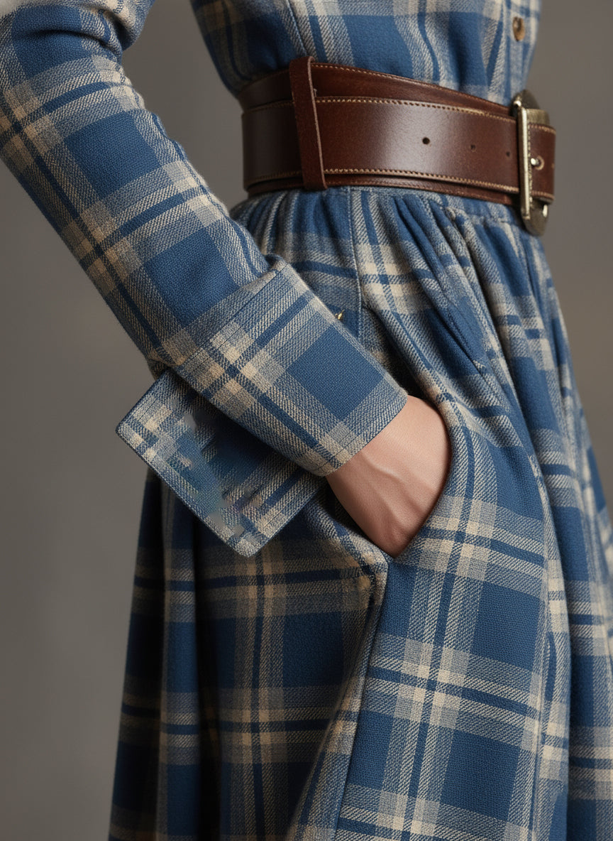Retro plaid lapel-collar belted maxi dress for women | Marzena -19