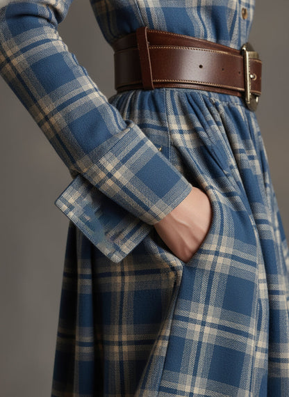 Retro plaid lapel-collar belted maxi dress for women | Marzena -19