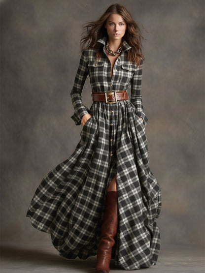 Retro plaid lapel-collar belted maxi dress for women | Marzena -21