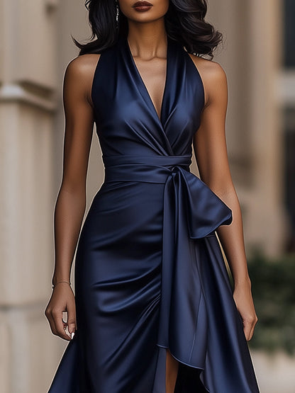 Halter ruffle high-low evening gown for women | Noctelle -3