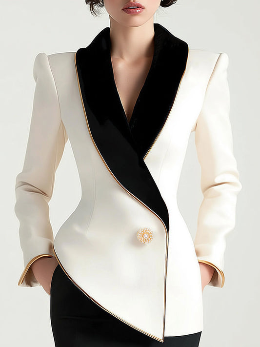 Asymmetric white blazer with contrast lapels for women | Valmera -1