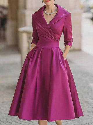 Vintage-inspired satin draped-collar midi dress for women | Velmira -14