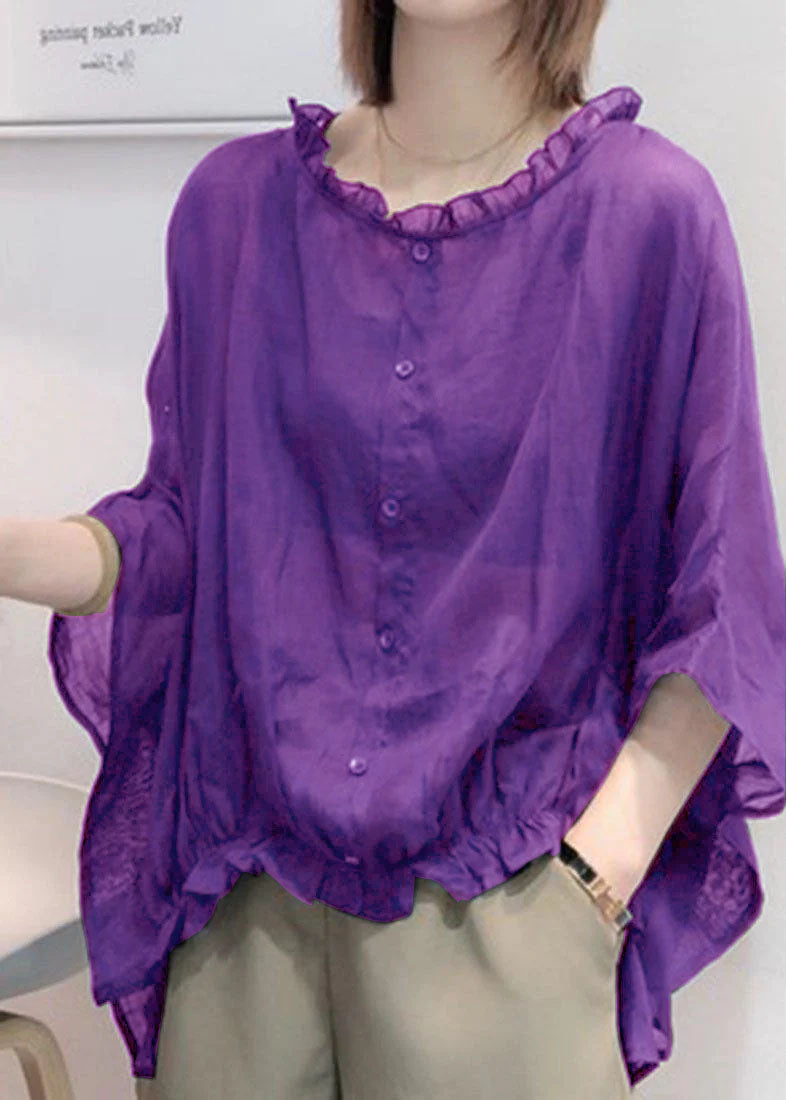Art Navy Ruffle Trim Half Sleeve Blouse for Women | Mireya