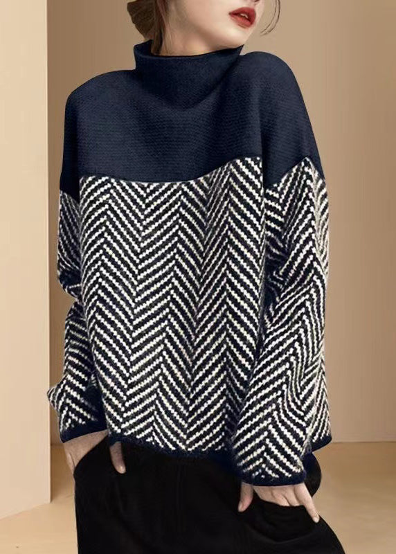 Khaki patchwork turtleneck knit pullover for women | Elowen -6