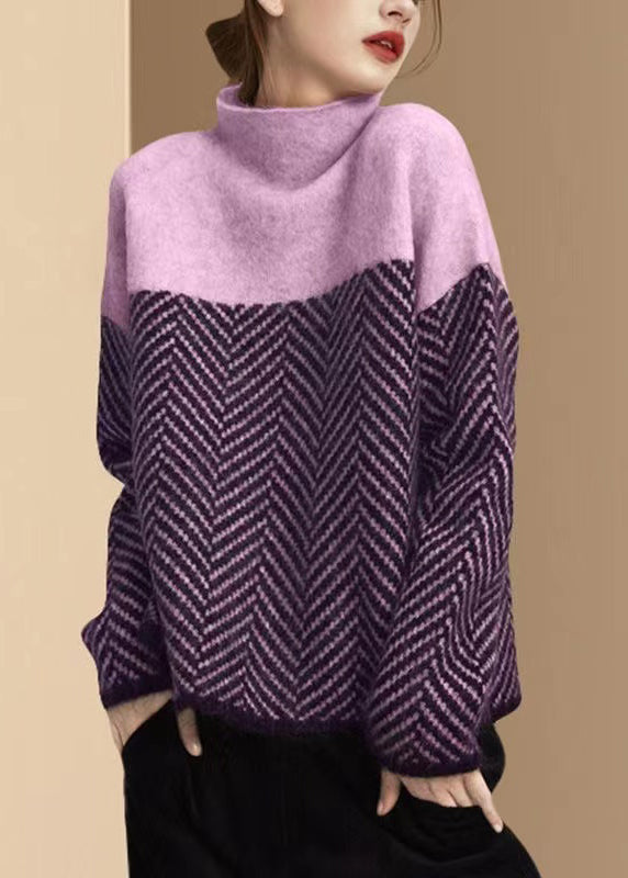 Khaki patchwork turtleneck knit pullover for women | Elowen -7