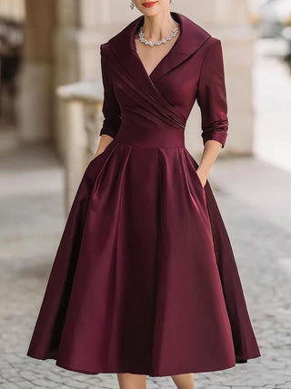 Vintage-inspired satin draped-collar midi dress for women | Velmira -9
