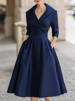 Vintage-inspired satin draped-collar midi dress for women | Velmira -5