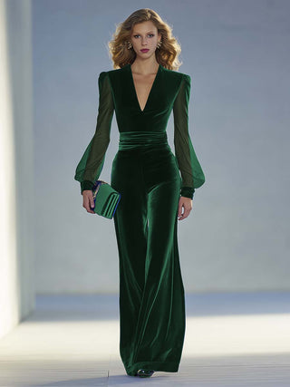 Velvet V-neck sheer-sleeve occasion jumpsuit for women | Ravelle -3