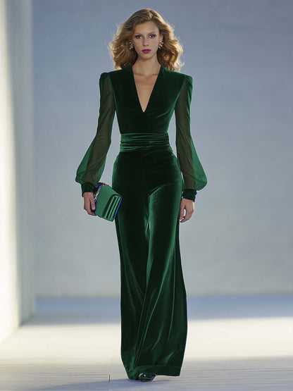 Velvet V-neck sheer-sleeve occasion jumpsuit for women | Ravelle -3