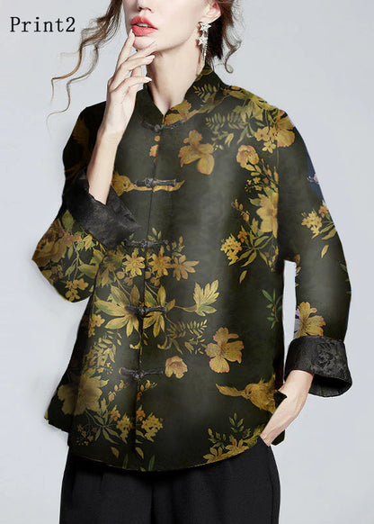 Stand-collar printed long-sleeve elegant coat for women | Mei Lin -7