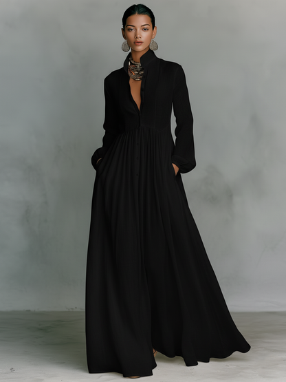 Patchwork stand-collar long-sleeve maxi dress for women | Patchella -6