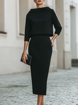 Boat-neck top and straight midi skirt set for women | Arvienne -1