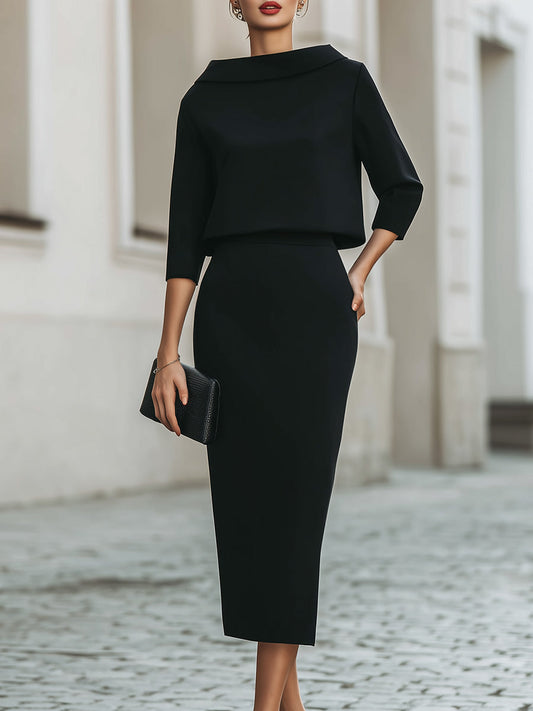 Boat-neck top and straight midi skirt set for women | Arvienne -1