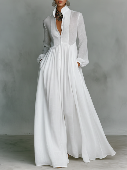 Patchwork stand-collar long-sleeve maxi dress for women | Patchella -1