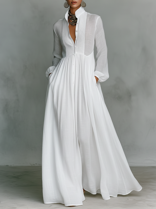Patchwork stand-collar long-sleeve maxi dress for women | Patchella -1
