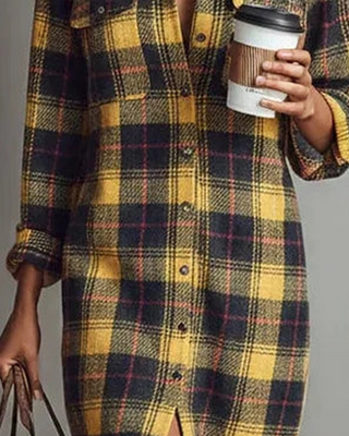 Calviera | Women's Checkered Shirt Collar Knee Length Dress