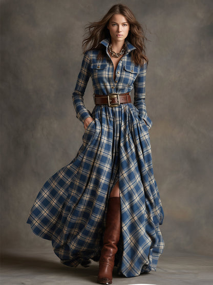 Retro plaid lapel-collar belted maxi dress for women | Marzena -17