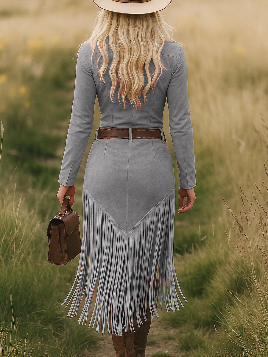 Western-inspired tassel-detail midi dress for women | Calindra -15