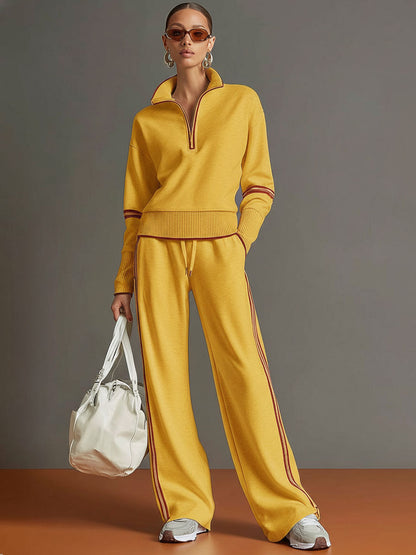 Retro half-zip sweatshirt and wide-leg trousers set for women | Vireon -10