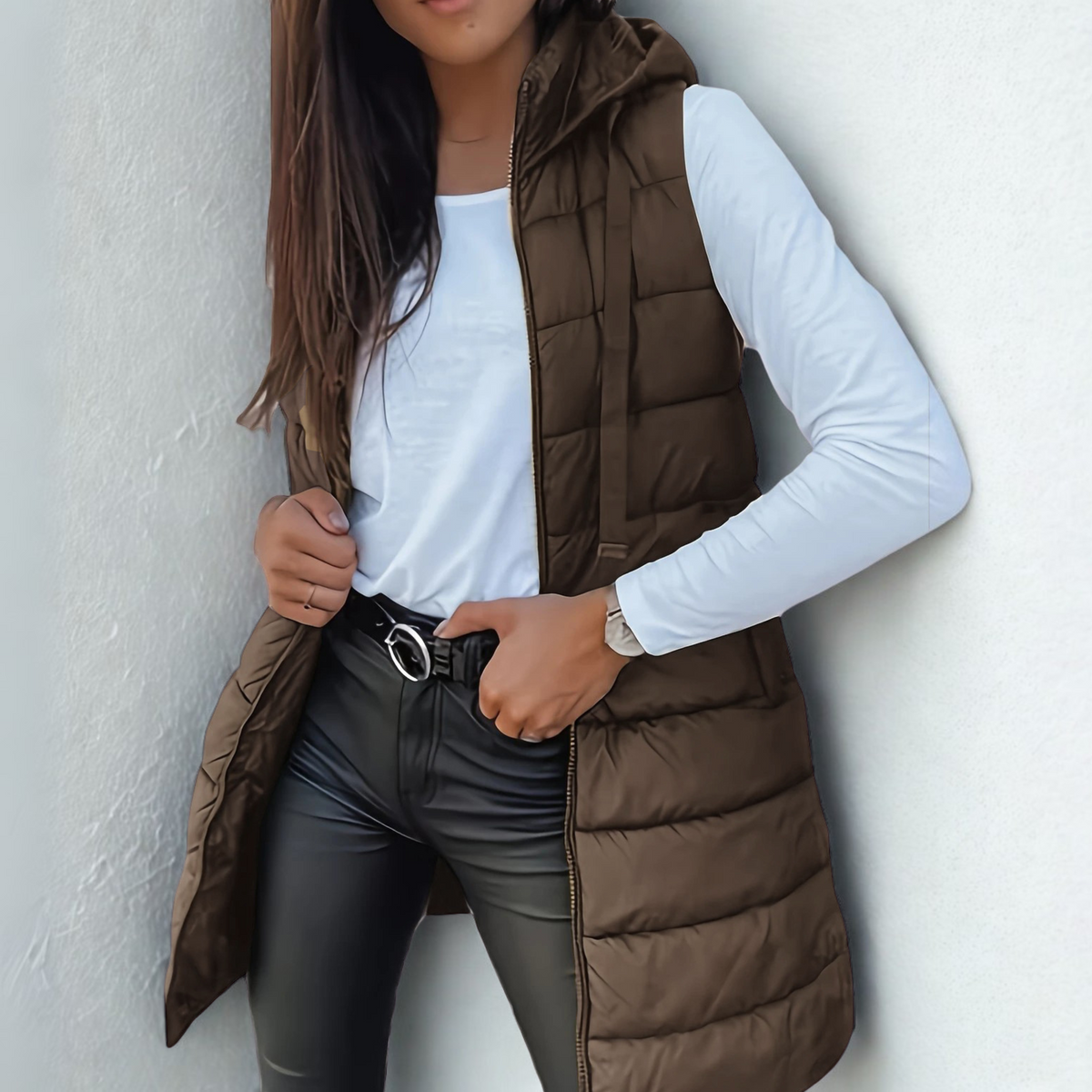 Sleeveless hooded longline puffer gilet for women | Rain -7