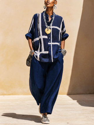 Virella | Women's Grid Print Stand Collar Shirt and Wide Leg Pants Set