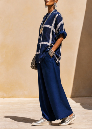 Virella | Women's Grid Print Stand Collar Shirt and Wide Leg Pants Set