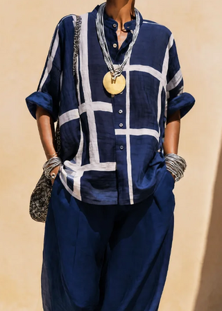 Virella | Women's Grid Print Stand Collar Shirt and Wide Leg Pants Set
